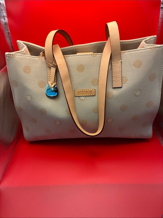 Dooney & Bourke Handbags - Dooney & Bourke Tan Polka Dot Canvas Tote with Leather Straps